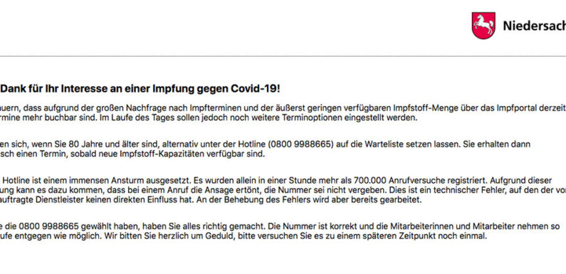 Covid19-Impfportal ebenfalls ausgebucht: Niedersachsen meldet 700.000 Anrufe in einer Stunde