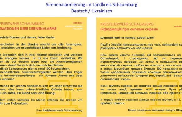 Flyer der Kreisfeuerwehr zur Sirenenalarmierung auf ukrainisch, deutsch und russisch