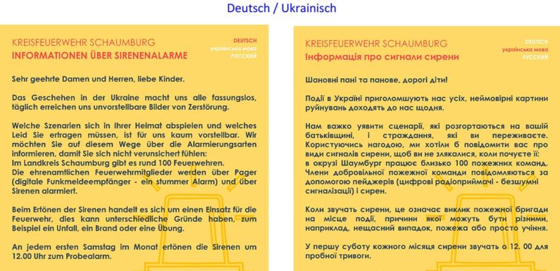 Flyer der Kreisfeuerwehr zur Sirenenalarmierung auf ukrainisch, deutsch und russisch
